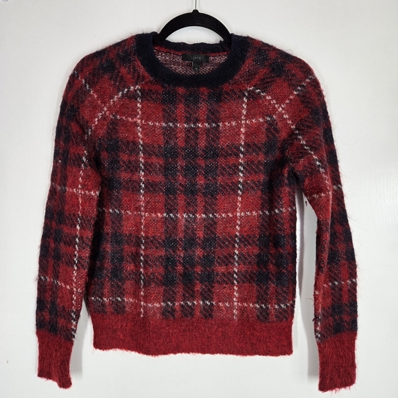 J‎ Crew Mohair Wool Blend Pullover Sweater Size XS Plaid With Elbow Patches Red - Picture 1 of 14